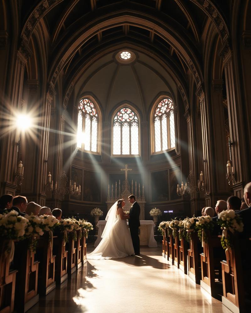 Cerimônia de casamento em igreja com raios de luz