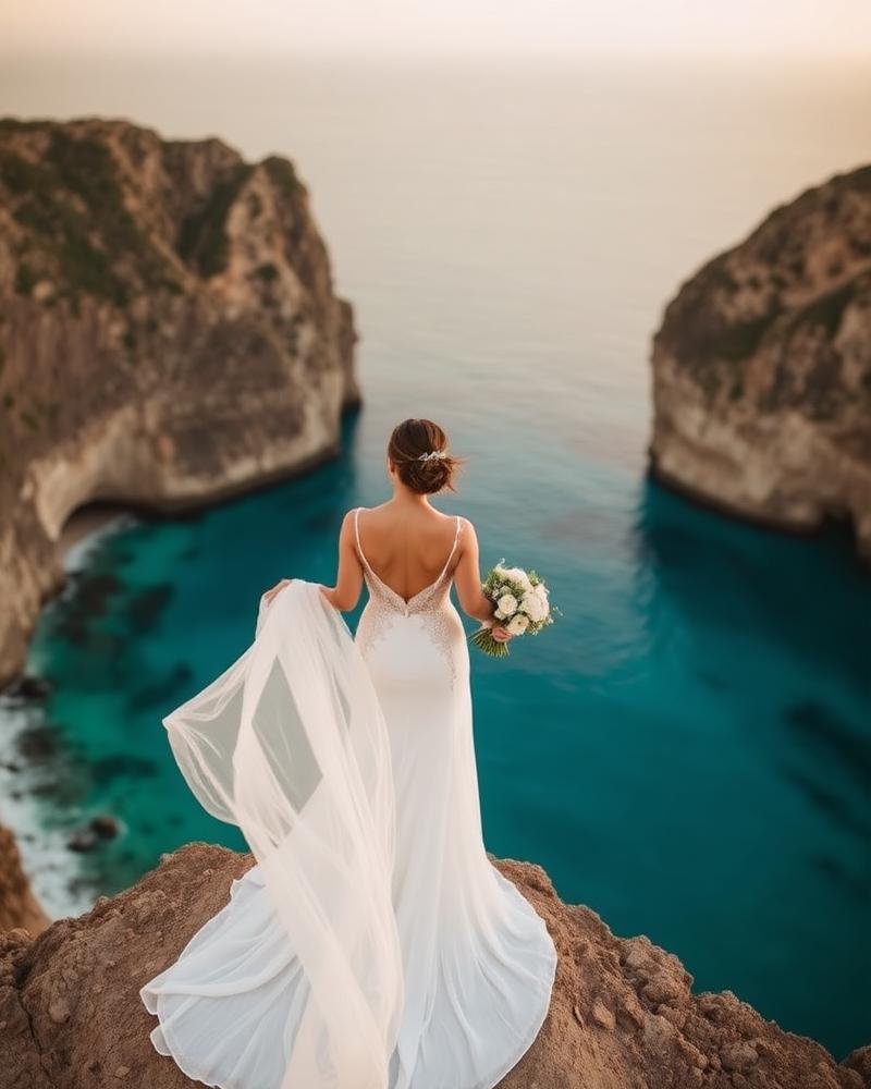 Noiva em penhasco à beira-mar em destination wedding