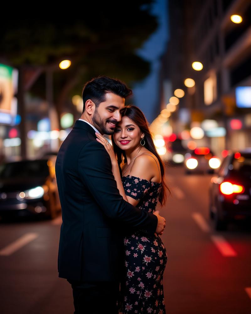 Ensaio de casal em rua urbana ao anoitecer
